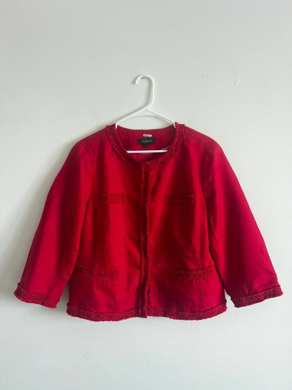 Talbots Red Tweed Fringe Jacket Blazer Size 16
